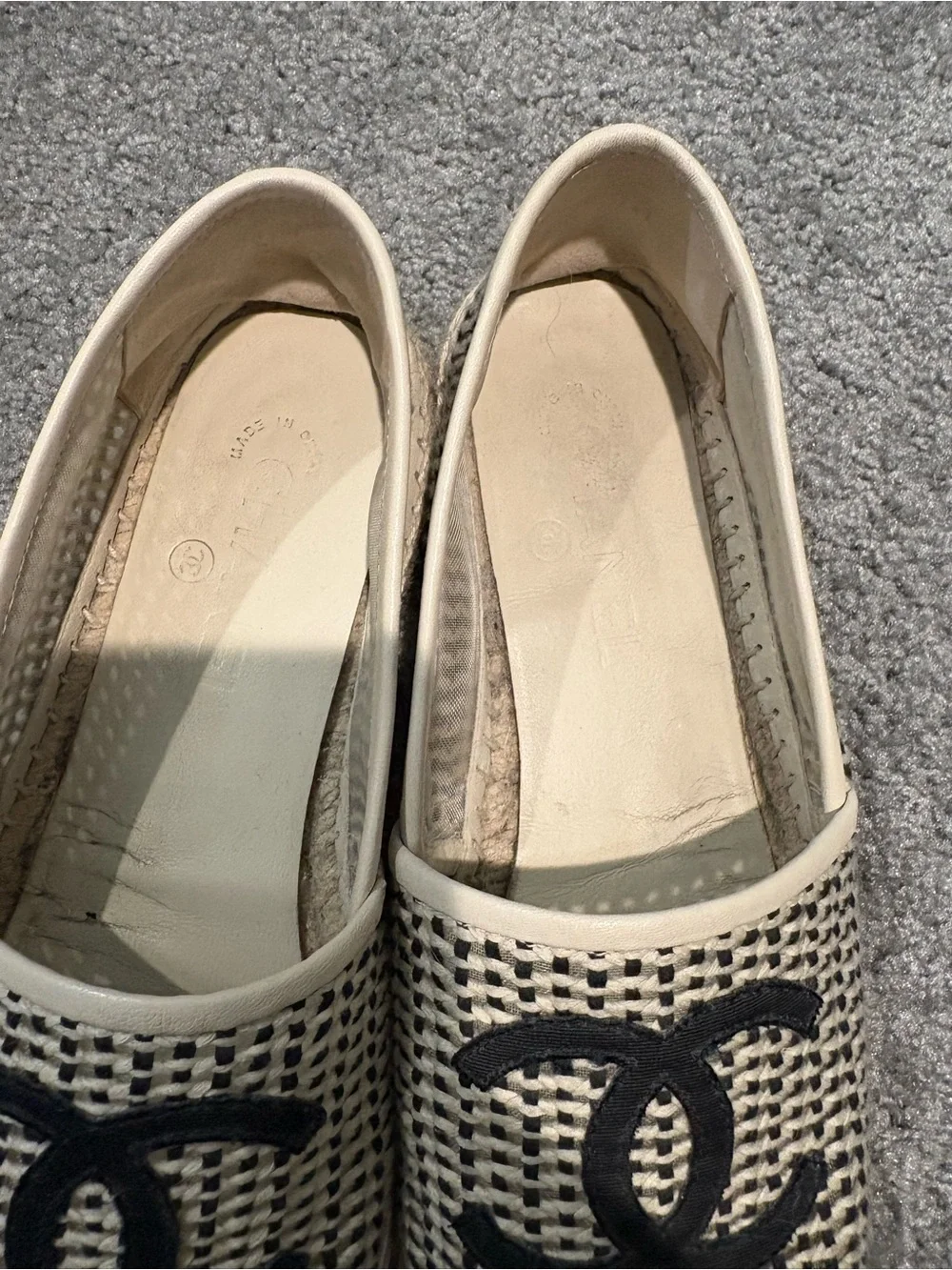 CHANEL Black and Natural Woven Espadrille Flats